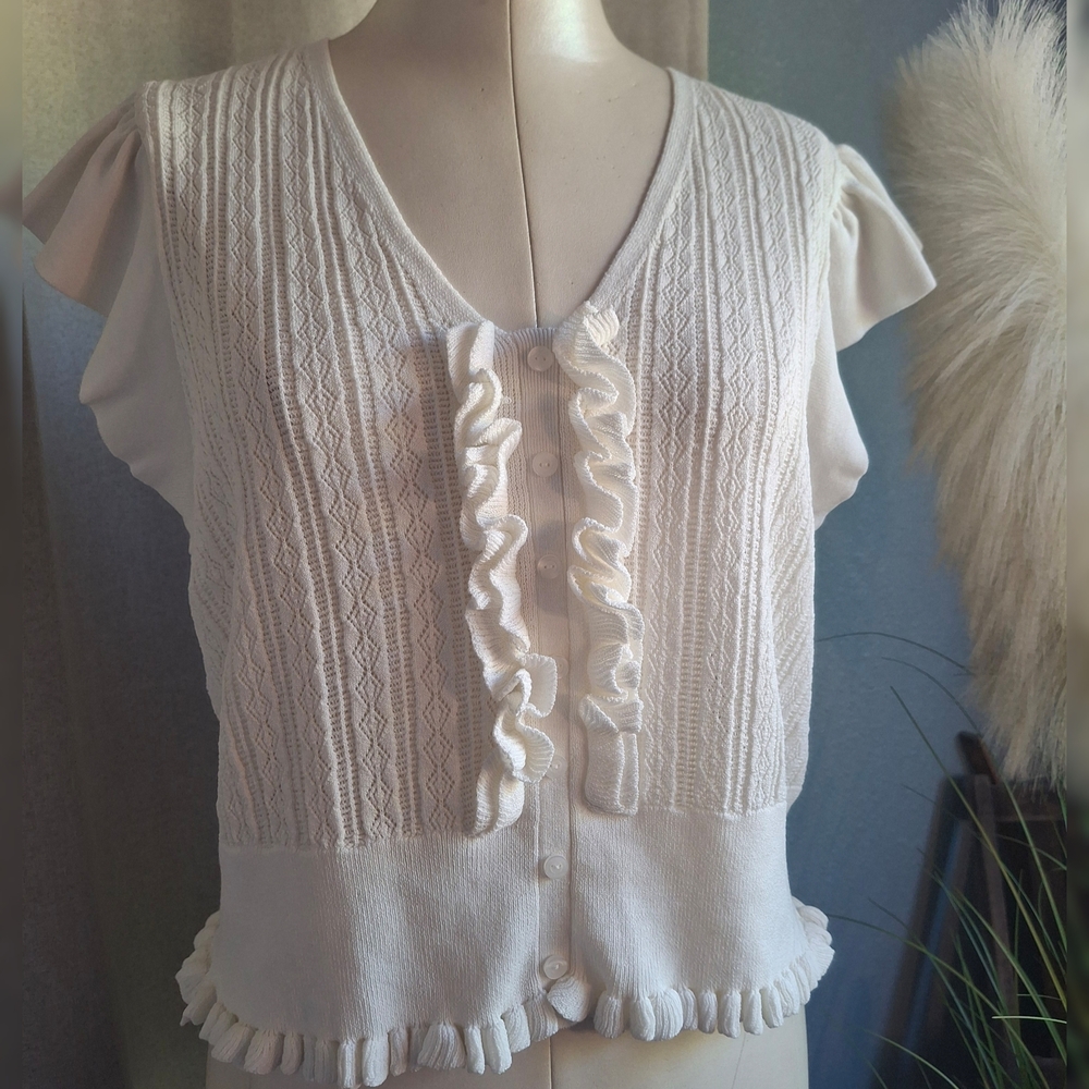 Express White Ruffled Women's Knit Top Sz XL